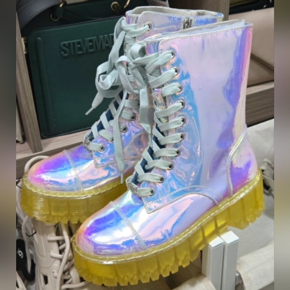 Dolls Kill Iridescent Lace-Up Boots with Yellow Soles